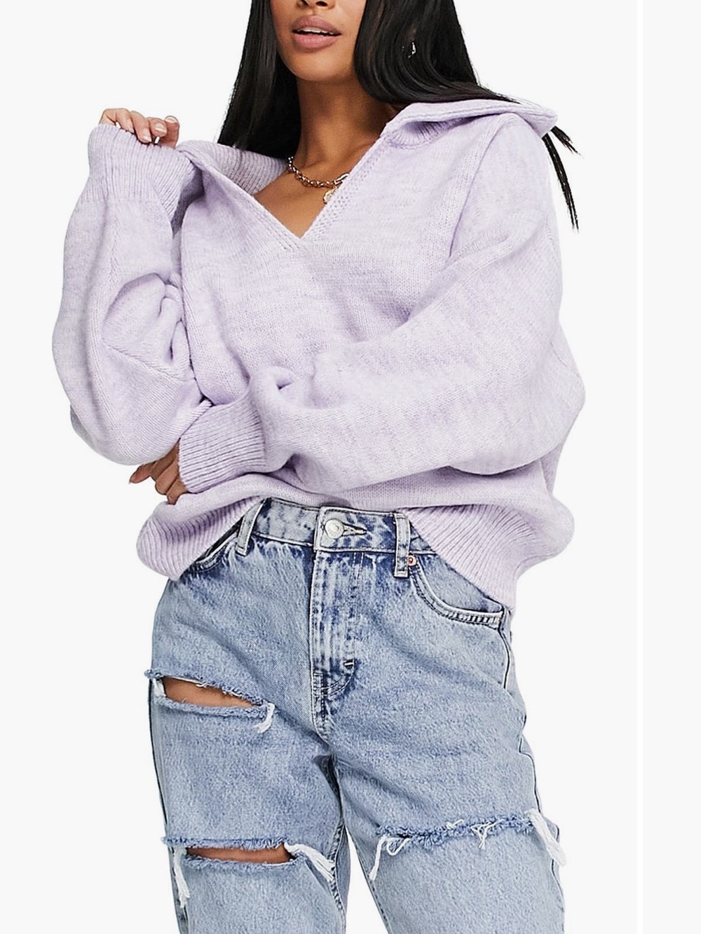 Topshop Light Lavender V-Neck Collared Sweater